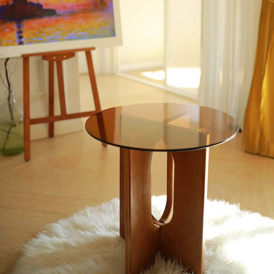 Modern Round Glass Top Side Table With Trestle Base Main Product Image