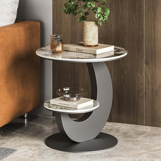 Modern Round Sintered Stone Table With Sculptural Base Main Product Image