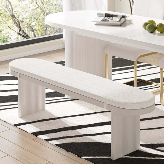 Modern Rubberwood Bench with White Boucle Upholstery Main Product Image