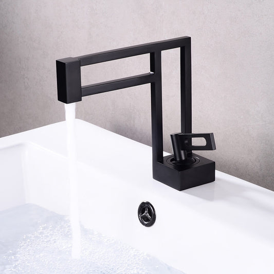 Modern Single Hole Bathroom Faucet in Matte Black with Lever Handle Main Product Image
