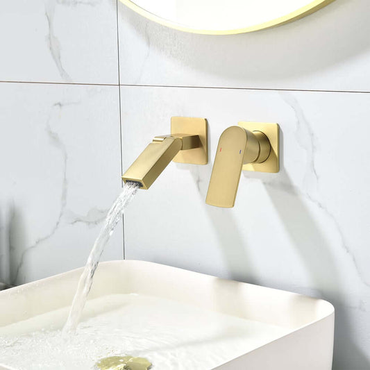 Modern Wall Mounted Bathroom Faucet with Waterfall Spout and Brushed Gold Finish Main Product Image