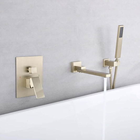 Modern Wall Mounted Bathtub Faucet with Hand Shower in Brushed Gold Main Product Image