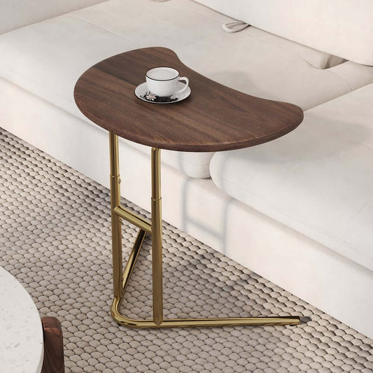 Modern Walnut C-Shaped Side Table with Gold Steel Base Main Product Image