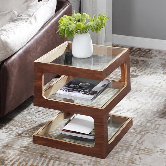 Modern Walnut End Table With Tempered Glass Top Main Product Image