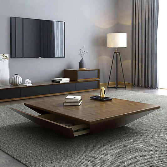 Modern Walnut Square Coffee Table With Storage Drawer Main Product Image