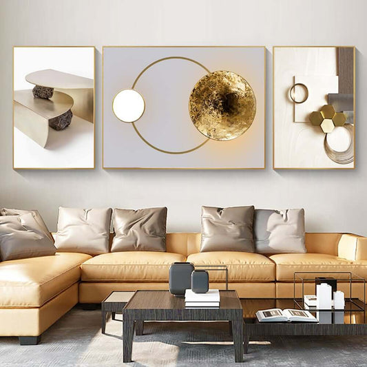 Modern White and Gold Geometric Wall Art Set with Aluminium Frame Main Product Image