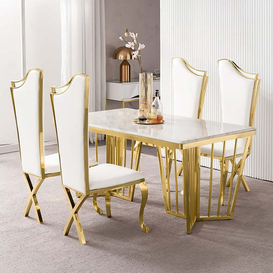 Modern White Faux Leather Side Chair Set With Gold Legs Main Product Image