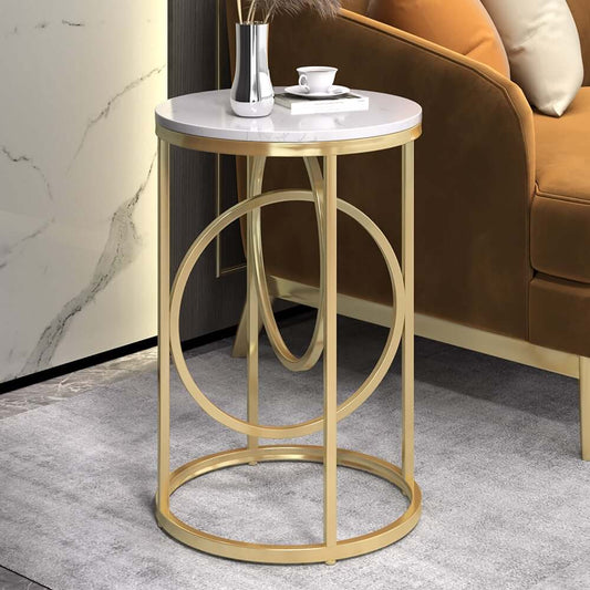 Modern White Faux Marble Round Side Table With Gold Frame Main Product Image