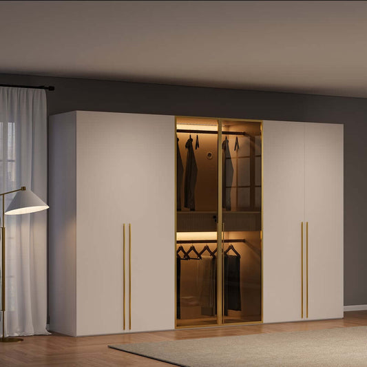 Modern White & Gold Wardrobe with LED Lighting and Glass Doors Main Product Image