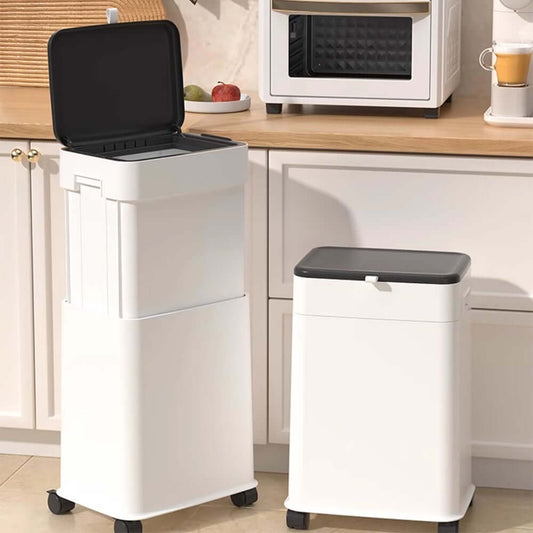 Modern White Plastic Lift Top Kitchen Trash Can with Wheels Main Product Image