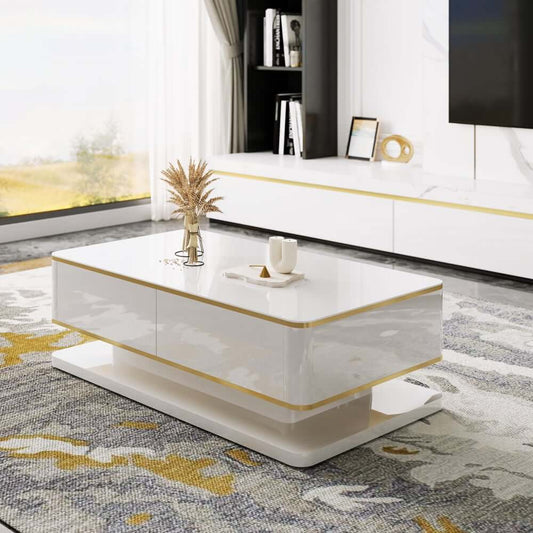 Modern White Rectangle Coffee Table With 4 Drawers Main Product Image