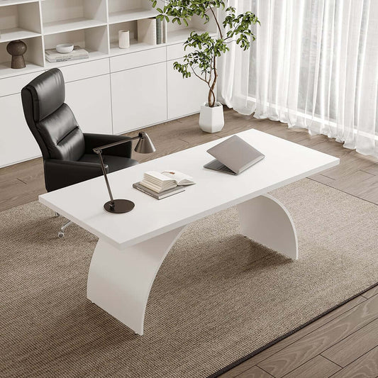 Modern White Trestle Desk with Solid Wood Top and Metal Base Main Product Image