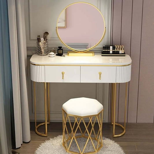 Modern White Vanity Set With Gold Metal Base & Mirror Main Product Image