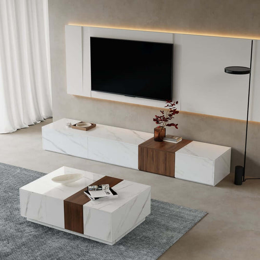 Modern White & Walnut TV Stand With 4 Drawers, MDF Main Product Image