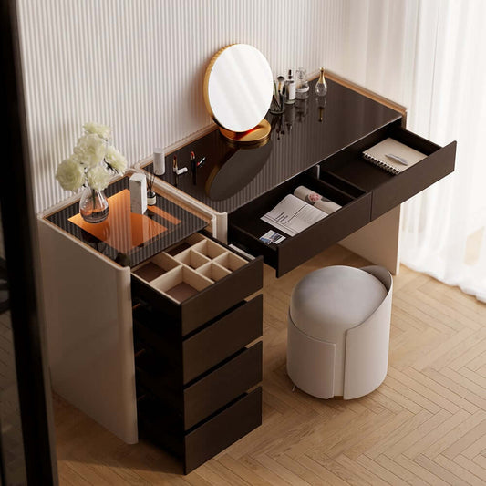 Modern White & Walnut Vanity with Tempered Glass Top Main Product Image