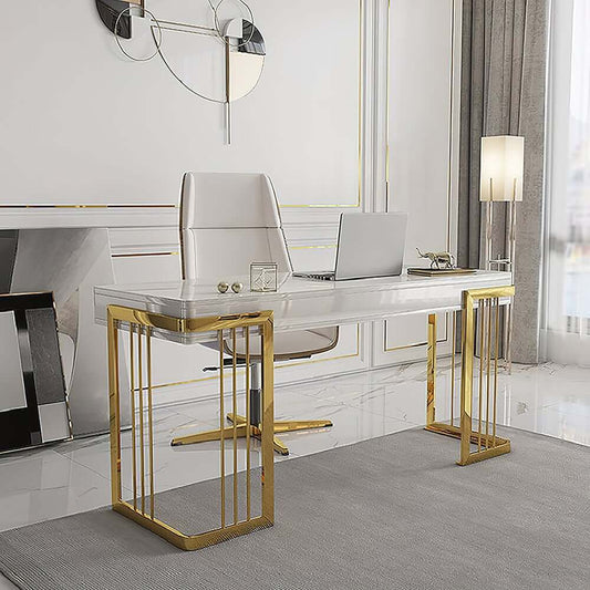 Modern White Writing Desk with Gold Trestle Base and Drawer Main Product Image