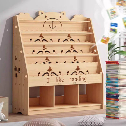 Natural Wood Children's Bookcase with Bear Head Cutout Design Main Product Image