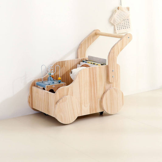 Natural Wood Kids Toy Organizer Cart with Handle and Wheels