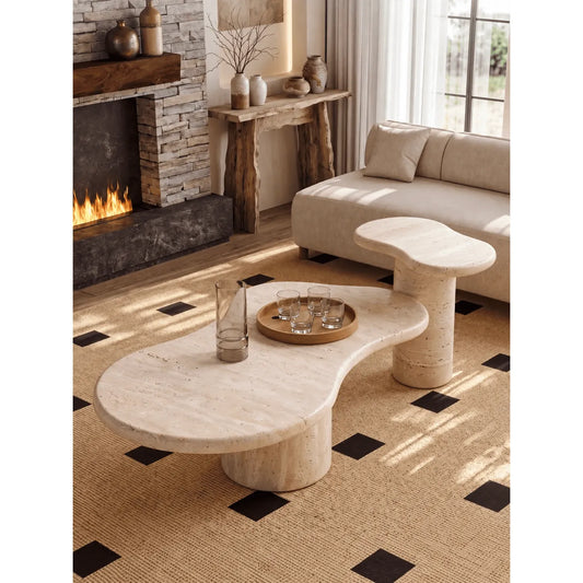 Organic Travertine Coffee Table Set with Sculptural Curves and Tiered Function Main Product Image