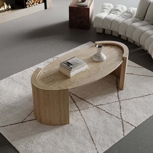 Oval Beige Travertine Coffee Table With Double Pedestal Base Main Product Image