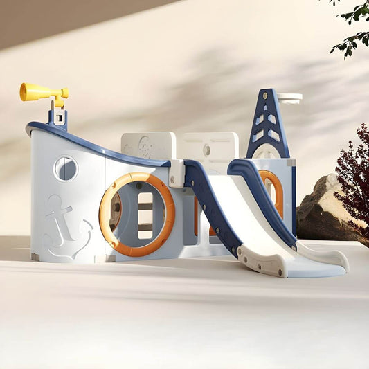 Pirate Ship Play Center with Slide, Telescope & Basketball Hoop