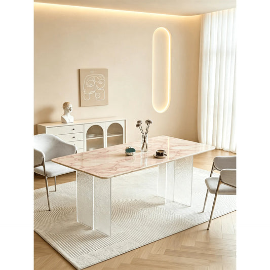 Rose Veined Marble Table with Acrylic Pedestal for Airy Dining Main Product Image