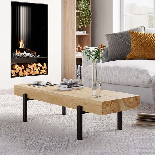 Rustic Pine Wood Coffee Table With Metal Legs Main Product Image