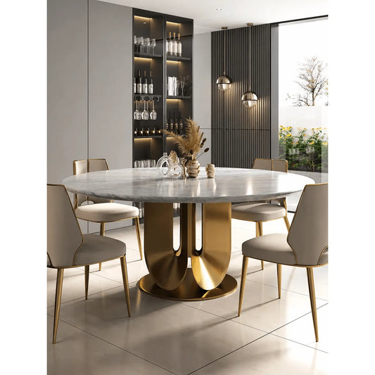 Sculptural Marble Table Dining Set with Gold Pedestal and Layered Support Main Product Image