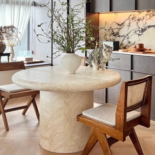 Sculptural Round Travertine Dining Table in Warm Beige, Spacious Pedestal Design Main Product Image