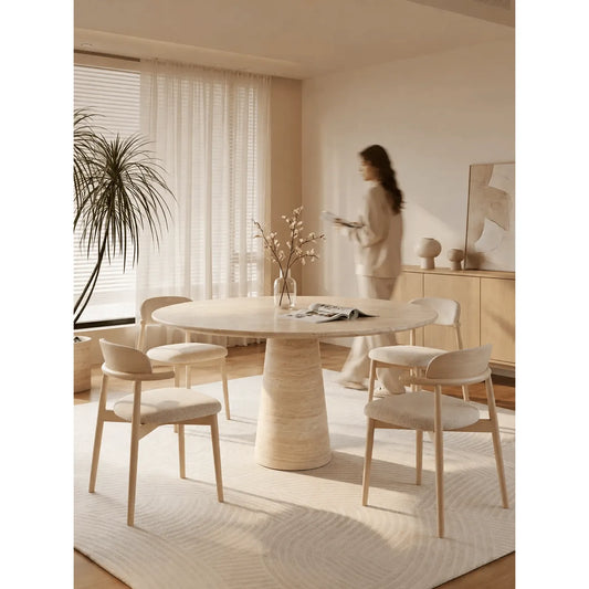 Sculptural Round Travertine Dining Table with Easy-Care Stone Look Main Product Image
