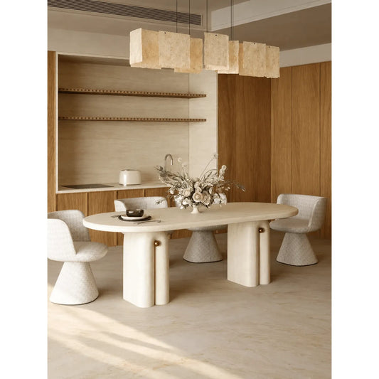 Sculptural Travertine Dining Table with Asymmetric Pedestal for Open Dining Spaces Main Product Image