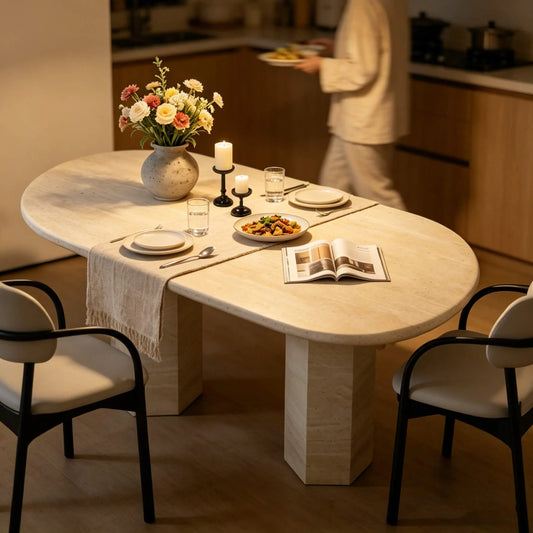 Sculptural Travertine Dining Table with Rounded Top and Double Pedestal Base Main Product Image