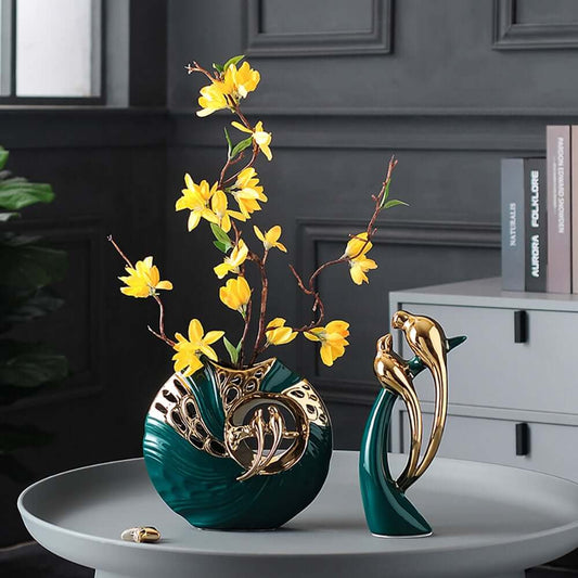 Silk Floral Arrangement with Gold Ceramic Dish and Magpie Sculpture Main Product Image