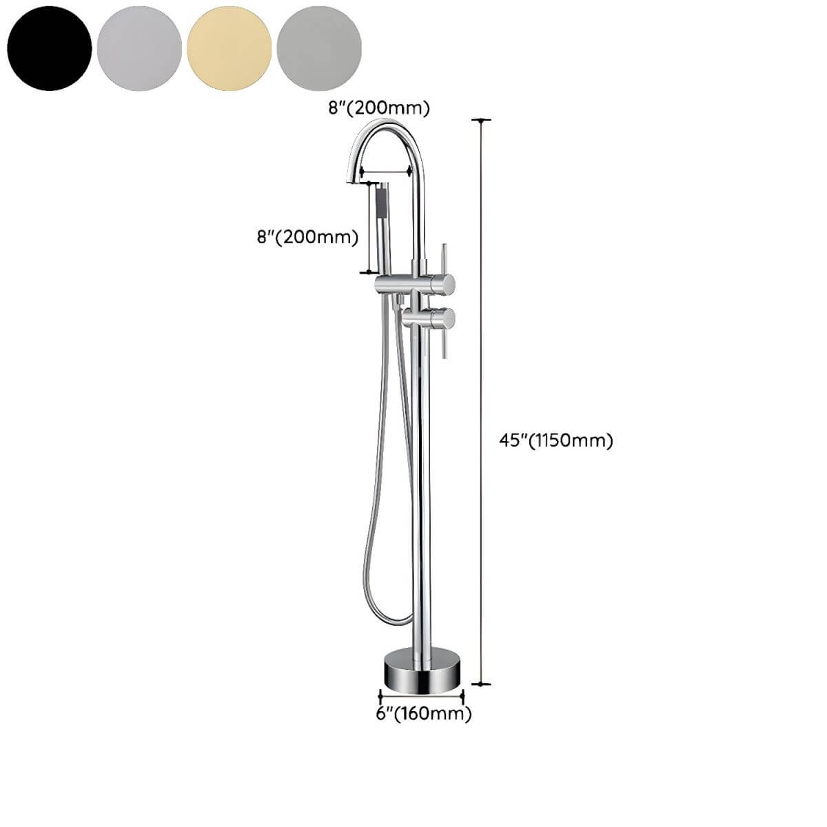 Copper floor mounted bathtub faucet with hand shower and valve, modern free standing design dimensions