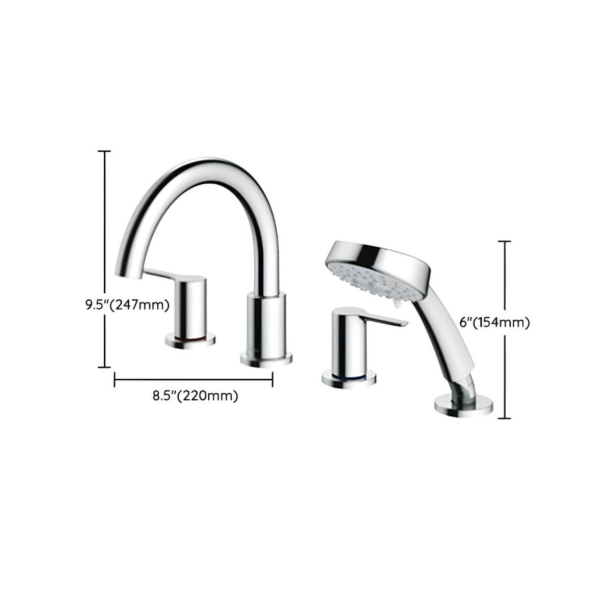 Chrome Roman bathtub faucet set with hand shower and valve, counter mounted with 4 holes dimensions