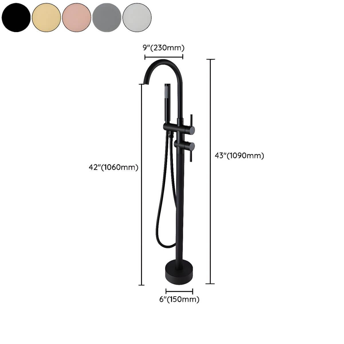 Modern free standing bathtub faucet featuring a swivel spout and included hand shower dimensions