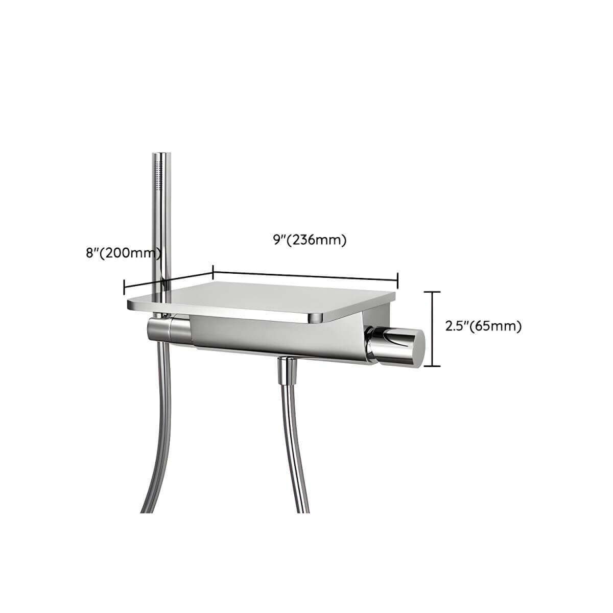 Chrome wall-mounted bathtub spout with waterfall faucet, hand shower, and valve included dimensions