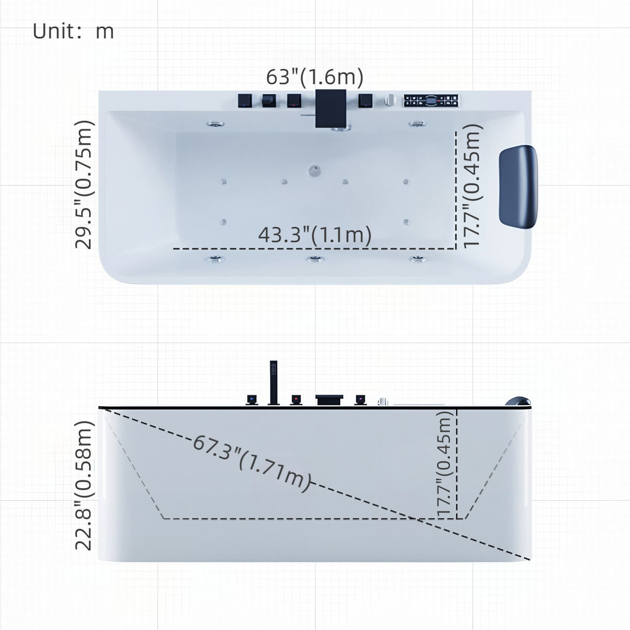 White 63-inch rectangular acrylic single soaker massage bathtub with ergonomic design dimensions