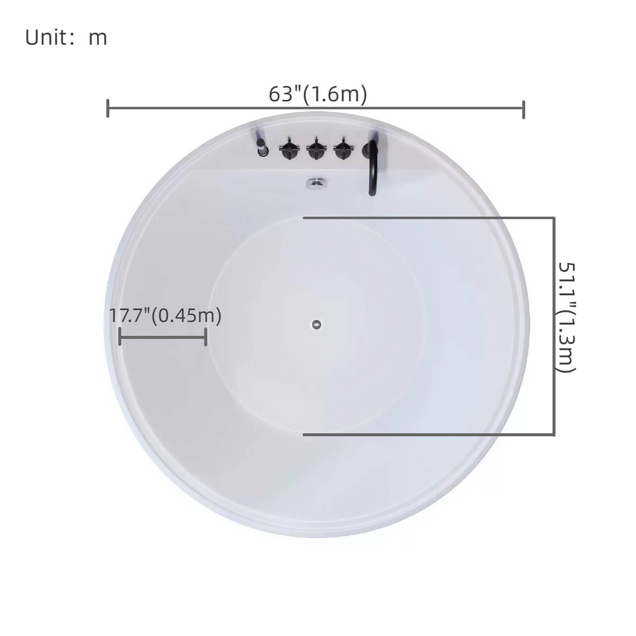 White 63-inch round acrylic double soaking bathtub with embedded design dimensions
