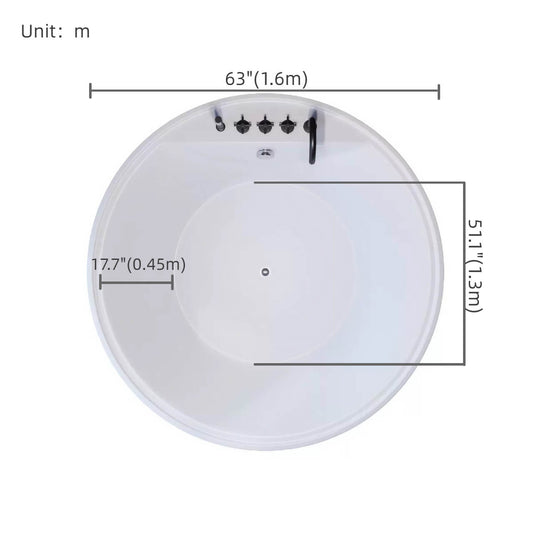 White 63-inch round acrylic double soaking bathtub with embedded design dimensions
