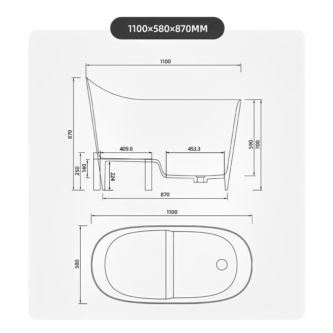 Light brown freestanding Japanese soaking bathtub made of stone resin, 43 inches deep and modern design dimensions