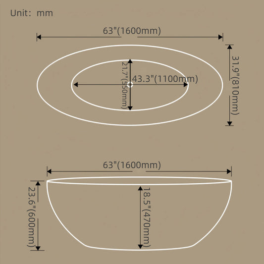 White acrylic 63-inch oval soaking bathtub designed for single-person use dimensions