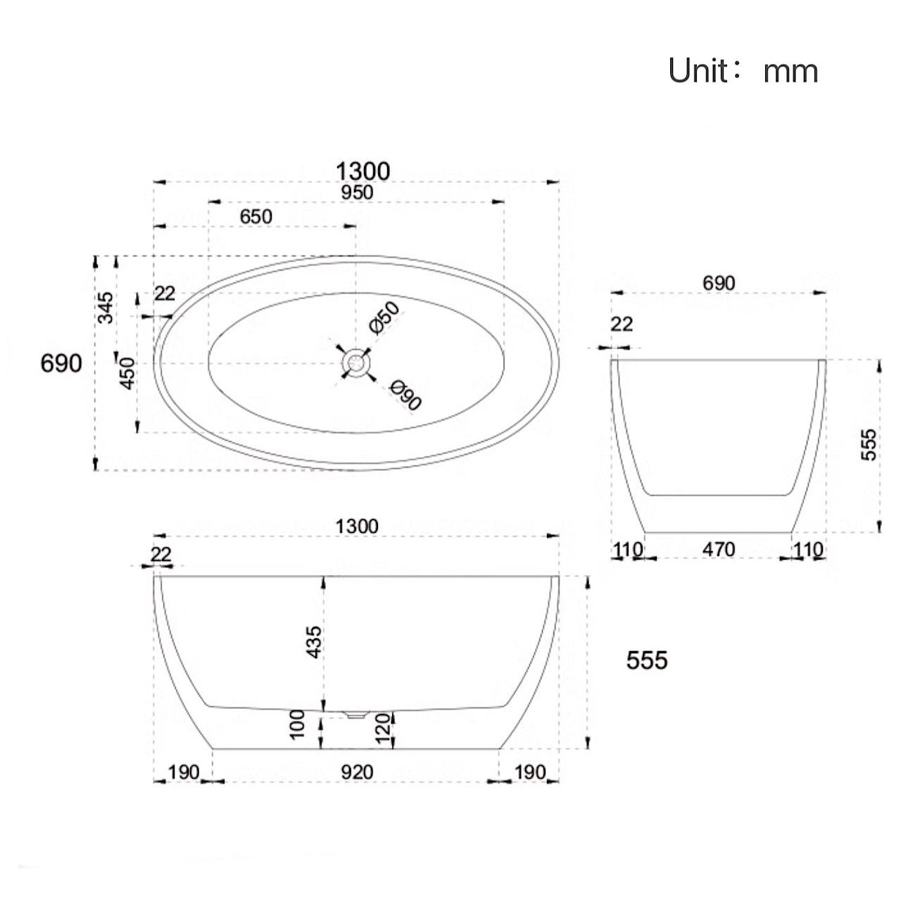 White acrylic 51-inch oval soaker bathtub for a relaxing bath experience dimensions