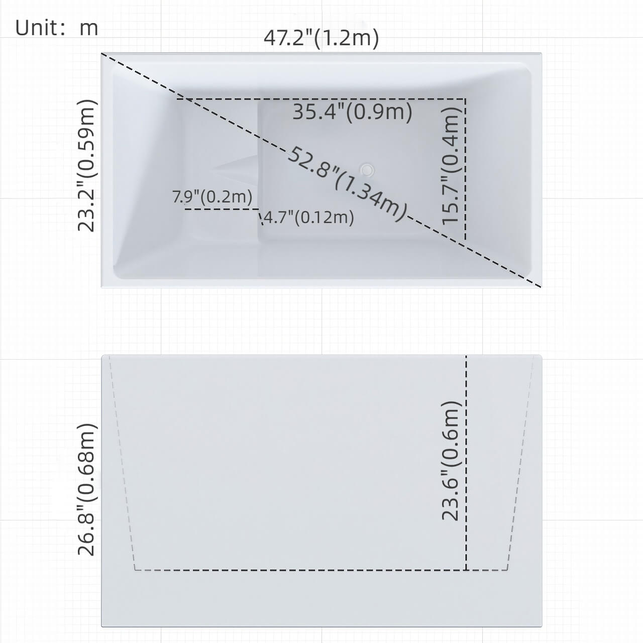 White 47-inch rectangular acrylic single soaker bathtub with sleek modern design dimensions