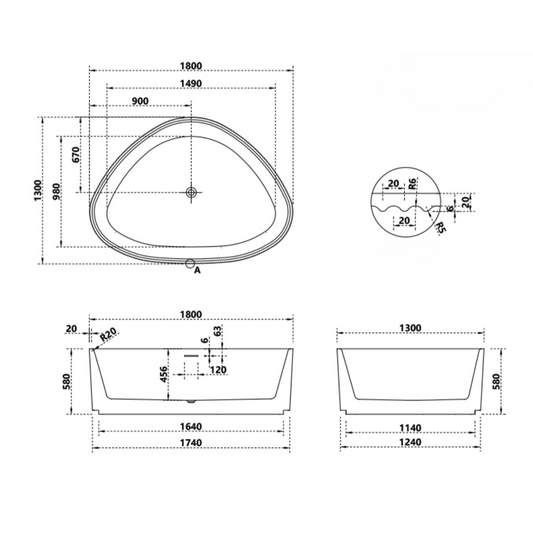 Bright white 71-inch triangle acrylic double soaking bathtub with spacious design dimensions