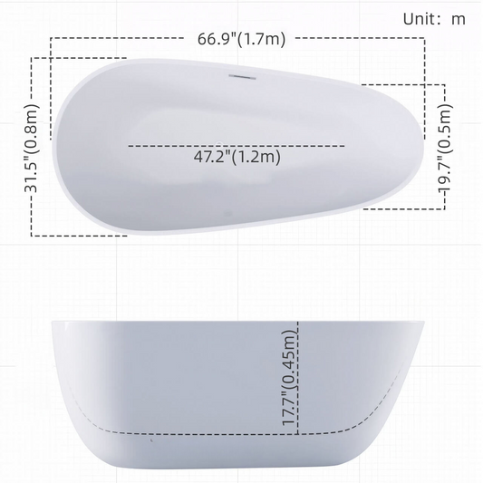 White 67-inch egg-shaped acrylic bathtub designed for single soak comfort dimensions
