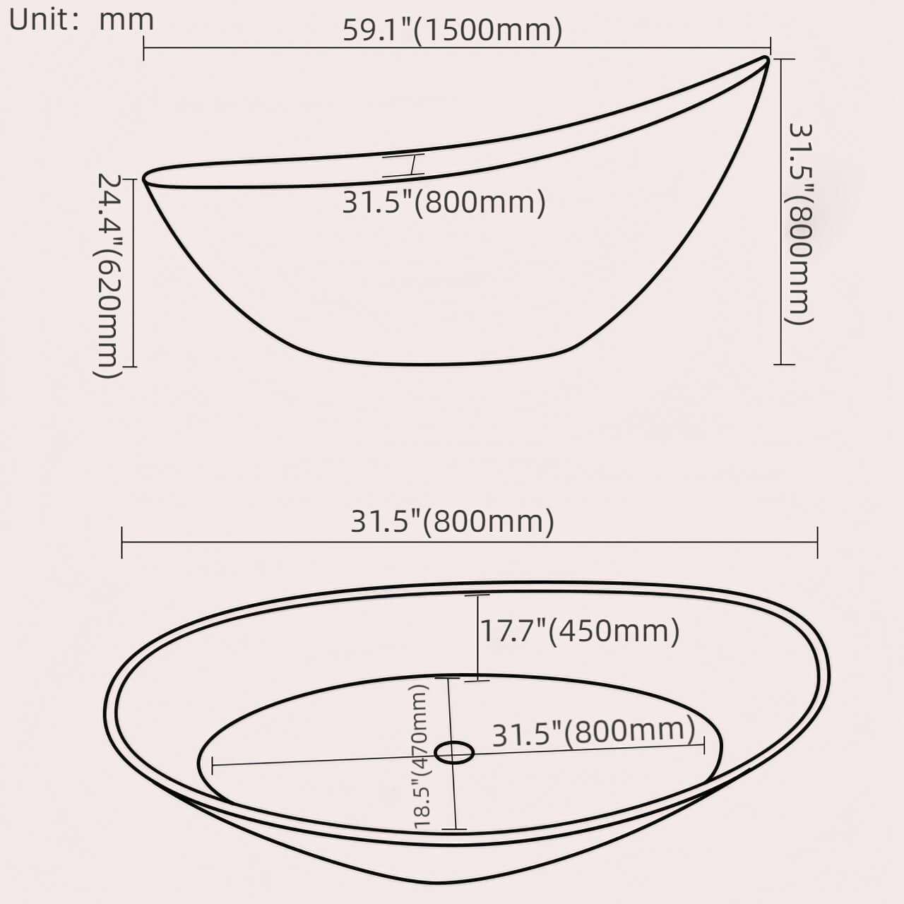 White acrylic moon-shaped single soaker bathtub, 59-inch, modern bathroom fixture dimensions