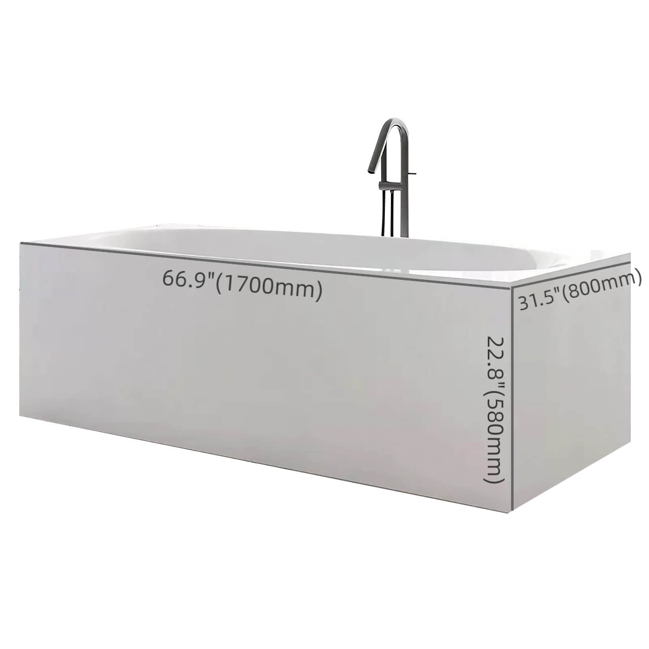 Bright white 67-inch rectangular acrylic soaking bathtub designed for single person use dimensions