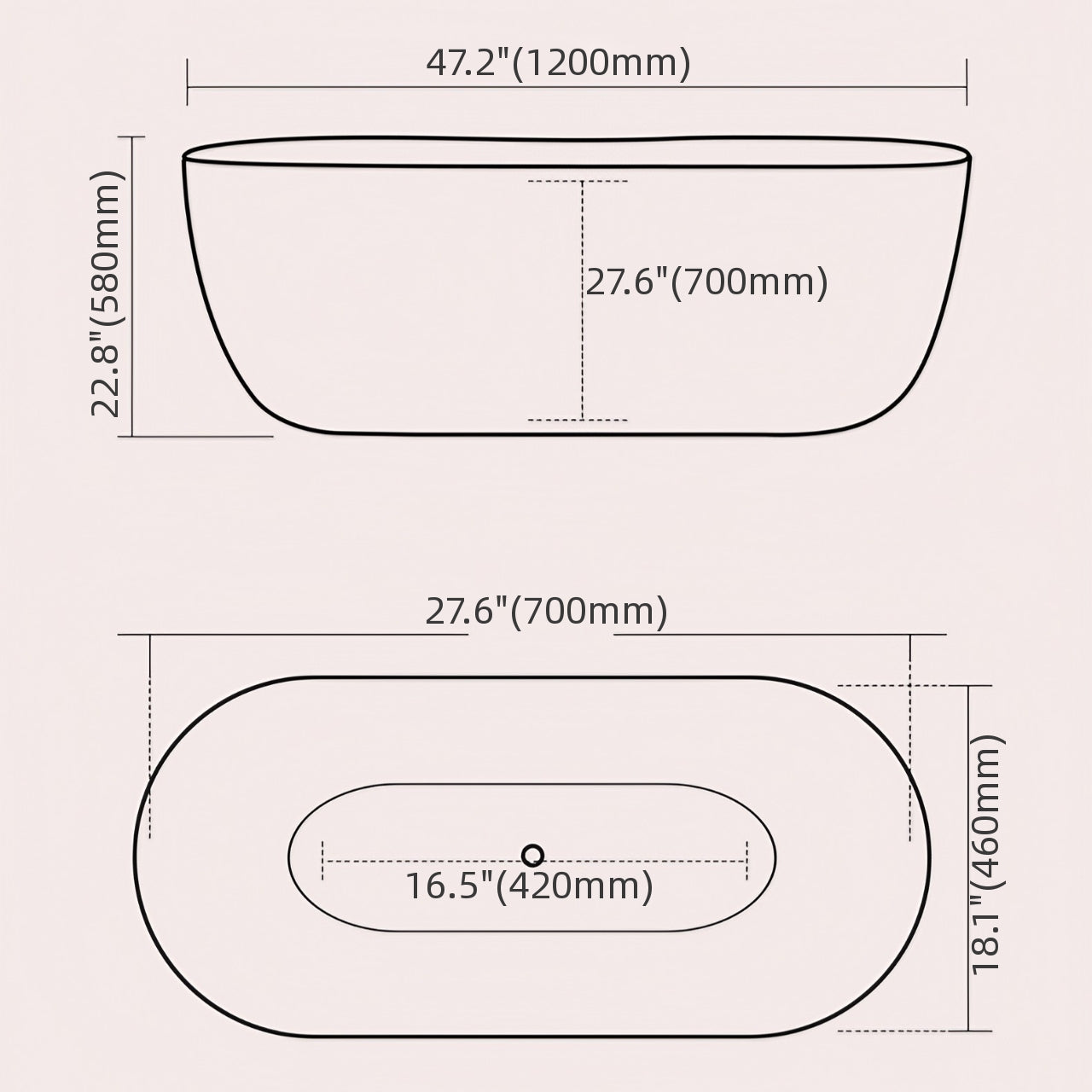 White 47-inch acrylic oval bathtub designed for single-person soaking comfort dimensions