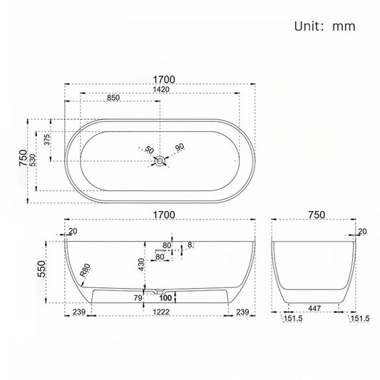 Oval 67-inch white artificial stone bathtub with single-soaker design for a relaxing bath dimensions